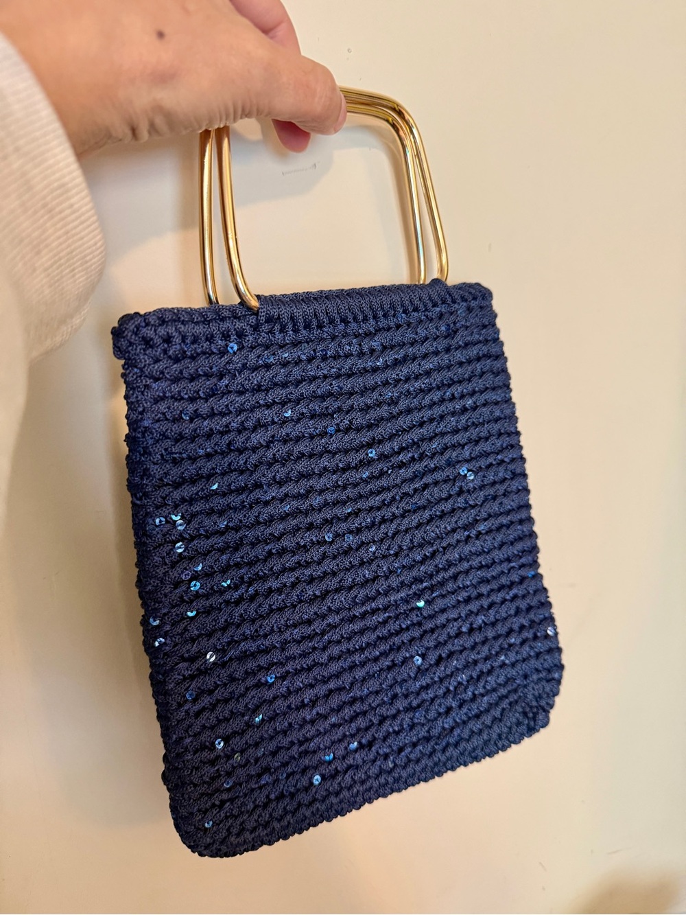 Navy handmade Knit Mini Bag with Gold Square Handles